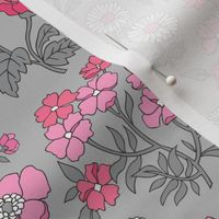 Floral Flowers Vintage Garden Pink White On Light Grey