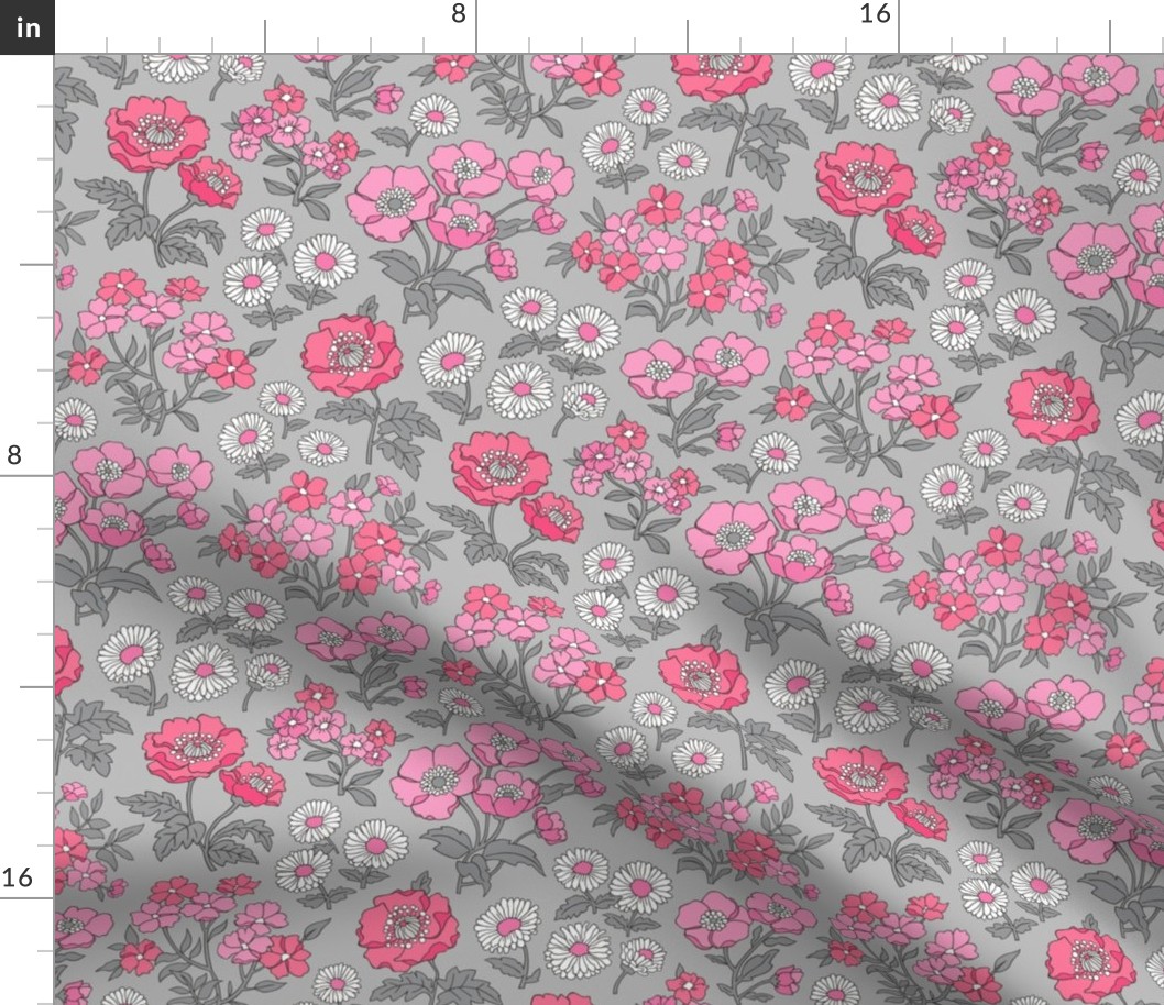 Floral Flowers Vintage Garden Pink White On Light Grey