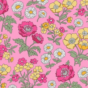 Floral Flowers Vintage Garden Pink Yellow On Pink