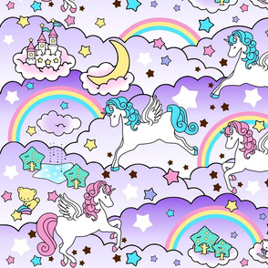 18 Pegasus winged unicorns pegacorns stars rainbows clouds trees ponds lakes teddy bears shooting cats fairy kei lolita sky skies pony ponies horses kawaii japanese inspired moon castles  colorful 