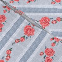 Old Fashioned Rose Stripe Red Roses on Blue background