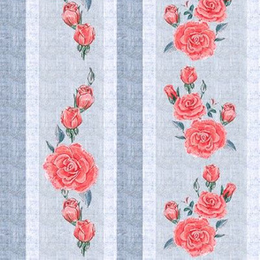 Old Fashioned Rose Stripe Red Roses on Blue background