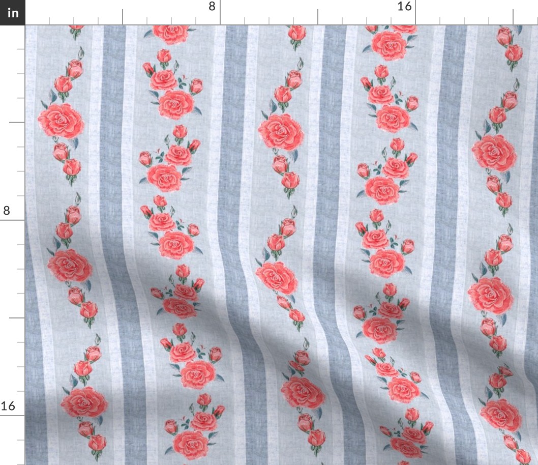 Old Fashioned Rose Stripe Red Roses on Blue background