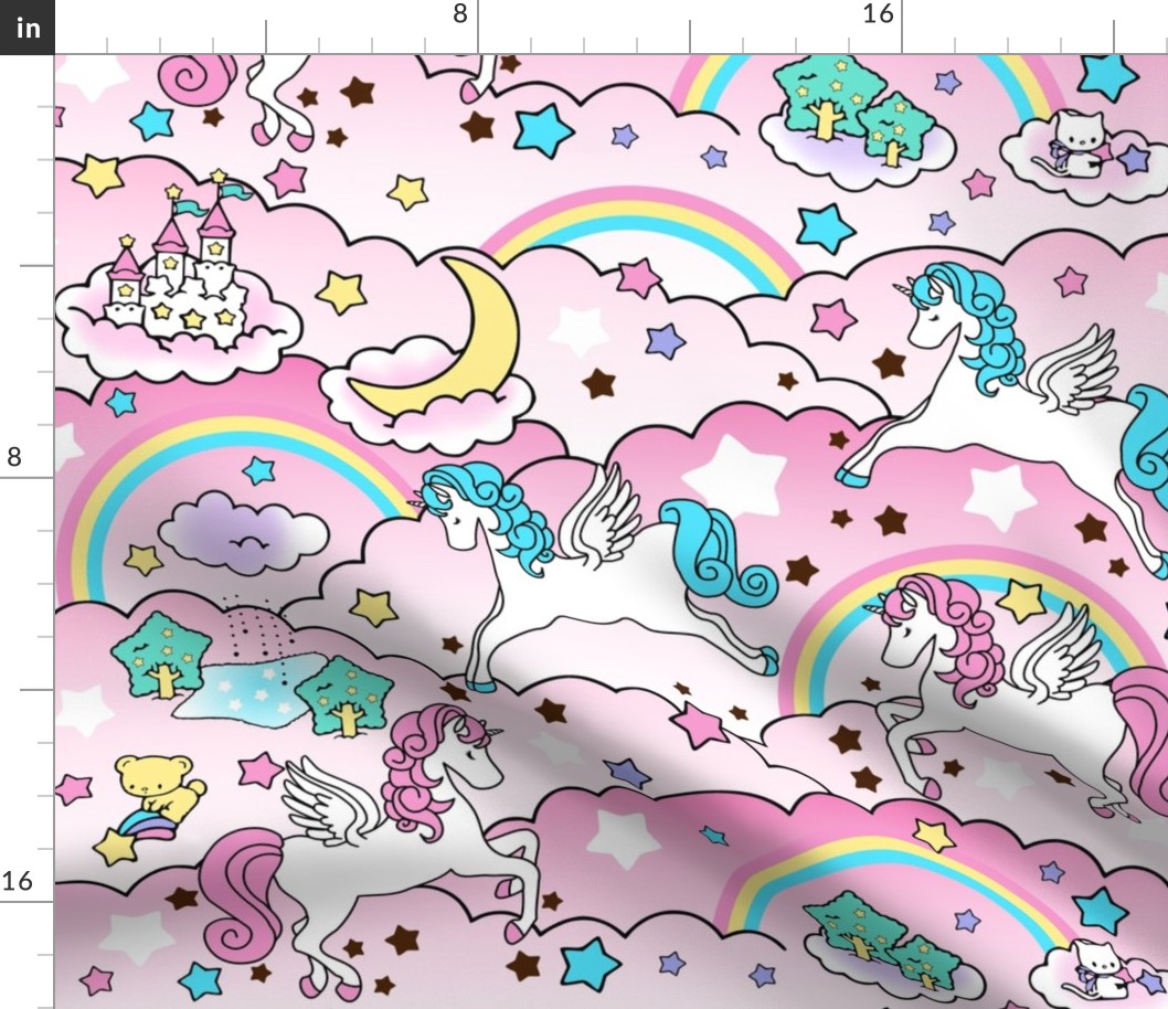 20 Pegasus winged unicorns pegacorns stars rainbows clouds trees ponds lakes teddy bears shooting cats fairy kei lolita sky skies pony ponies horses kawaii japanese inspired moon castles  colorful 