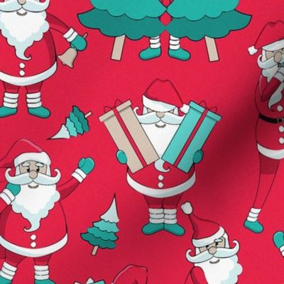 Busy Santas 3 // red background