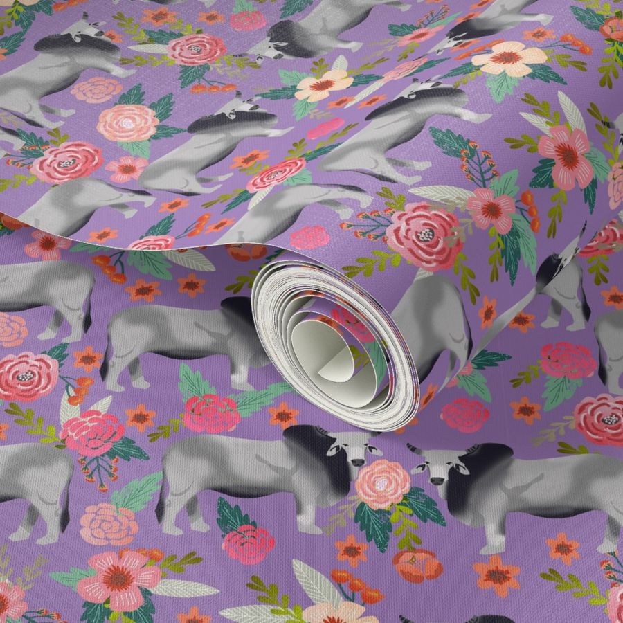 Brahman cow floral fabric pattern purple