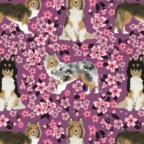 sheltie fabric dogs and cherry blossoms print - amethyst