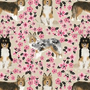 sheltie fabric dogs and cherry blossoms print - sand