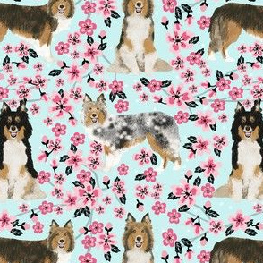 sheltie fabric dogs and cherry blossoms print - light blue