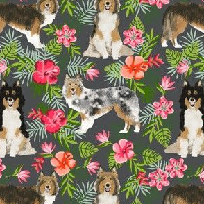sheltie fabric hawaii hibiscus fabric  shetland sheepdog fabric hawaiian fabric - charcoal