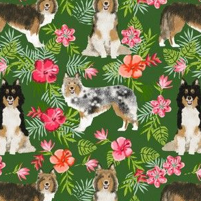 sheltie fabric hawaii hibiscus fabric  shetland sheepdog fabric hawaiian fabric - green