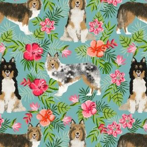 sheltie fabric hawaii hibiscus fabric  shetland sheepdog fabric hawaiian fabric - gulf blue