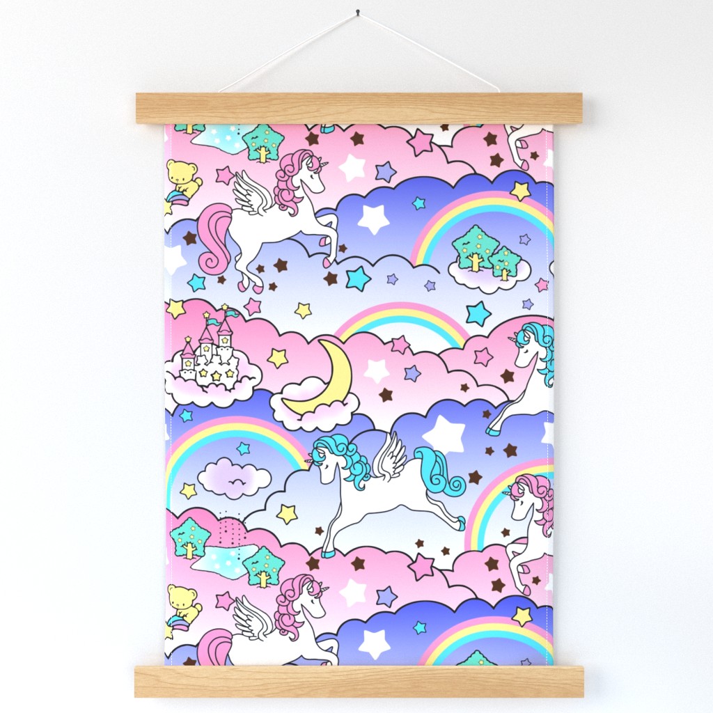 21 Pegasus winged unicorns pegacorns stars rainbows clouds trees ponds lakes teddy bears shooting cats fairy kei lolita sky skies pony ponies horses  kawaii japanese inspired moon castles  colorful 