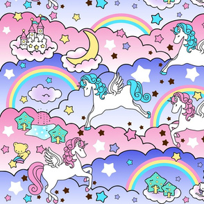 21 Pegasus winged unicorns pegacorns stars rainbows clouds trees ponds lakes teddy bears shooting cats fairy kei lolita sky skies pony ponies horses  kawaii japanese inspired moon castles  colorful 