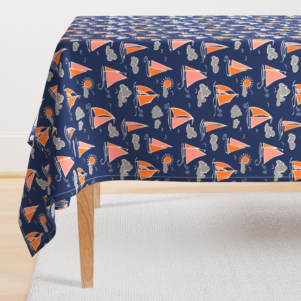 Sunny Sailboats on Navy // nautical sailing boat ships sunny sunshine clouds grey pink orange navy fabric