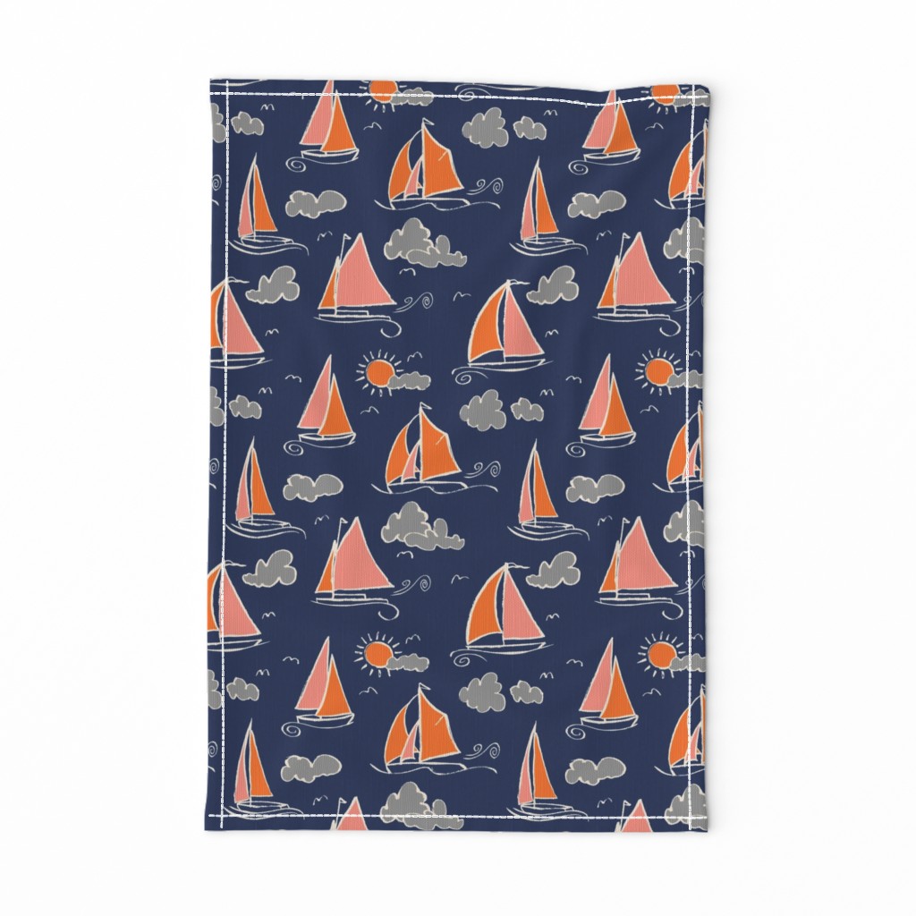 Sunny Sailboats on Navy // nautical sailing boat ships sunny sunshine clouds grey pink orange navy fabric