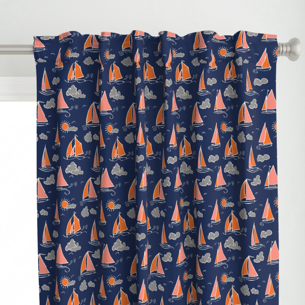 Sunny Sailboats on Navy // nautical sailing boat ships sunny sunshine clouds grey pink orange navy fabric