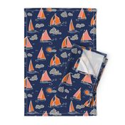 Sunny Sailboats on Navy // nautical sailing boat ships sunny sunshine clouds grey pink orange navy fabric