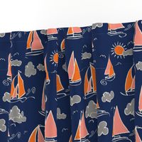 Sunny Sailboats on Navy // nautical sailing boat ships sunny sunshine clouds grey pink orange navy fabric