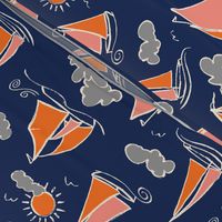 Sunny Sailboats on Navy // nautical sailing boat ships sunny sunshine clouds grey pink orange navy fabric