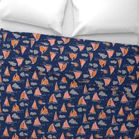 Sunny Sailboats on Navy // nautical sailing boat ships sunny sunshine clouds grey pink orange navy fabric