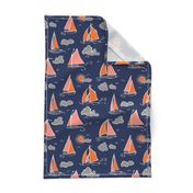 Sunny Sailboats on Navy // nautical sailing boat ships sunny sunshine clouds grey pink orange navy fabric