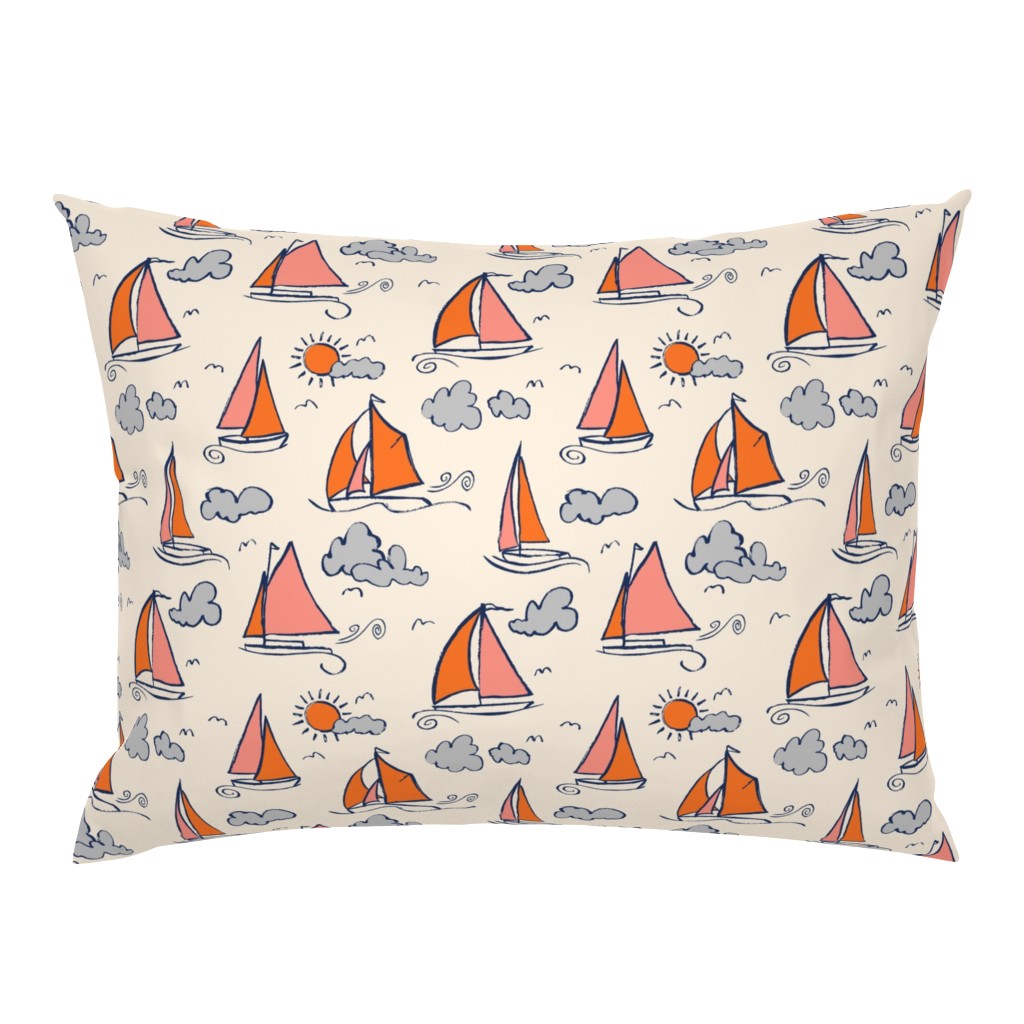 Sunny Sailboats on Cream // nautical sailing boat ships sunny sunshine clouds orange grey pink fabric