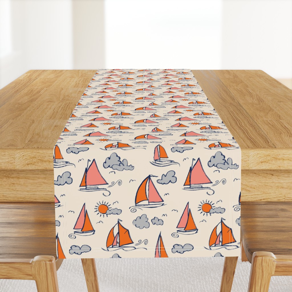 Sunny Sailboats on Cream // nautical sailing boat ships sunny sunshine clouds orange grey pink fabric
