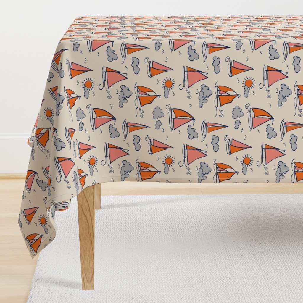 Sunny Sailboats on Cream // nautical sailing boat ships sunny sunshine clouds orange grey pink fabric