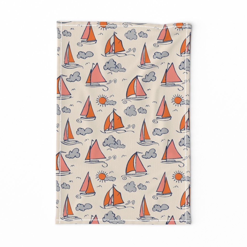 Sunny Sailboats on Cream // nautical sailing boat ships sunny sunshine clouds orange grey pink fabric