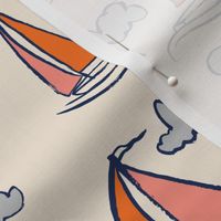 Sunny Sailboats on Cream // nautical sailing boat ships sunny sunshine clouds orange grey pink fabric