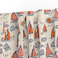 Sunny Sailboats on Cream // nautical sailing boat ships sunny sunshine clouds orange grey pink fabric