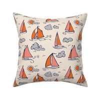 Sunny Sailboats on Cream // nautical sailing boat ships sunny sunshine clouds orange grey pink fabric