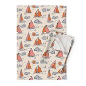 Sunny Sailboats on Cream // nautical sailing boat ships sunny sunshine clouds orange grey pink fabric