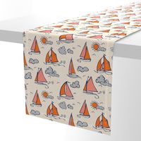 Sunny Sailboats on Cream // nautical sailing boat ships sunny sunshine clouds orange grey pink fabric