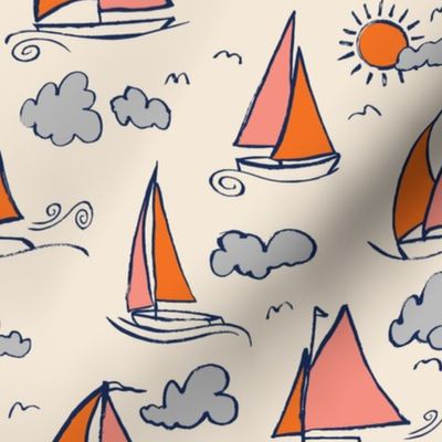 Sunny Sailboats on Cream // nautical sailing boat ships sunny sunshine clouds orange grey pink fabric