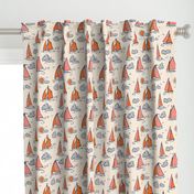 Sunny Sailboats on Cream // nautical sailing boat ships sunny sunshine clouds orange grey pink fabric