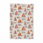 Sunny Sailboats on Cream // nautical sailing boat ships sunny sunshine clouds orange grey pink fabric