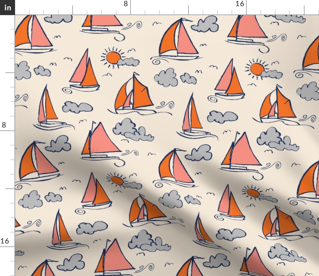 Sunny Sailboats on Cream // nautical sailing boat ships sunny sunshine clouds orange grey pink fabric