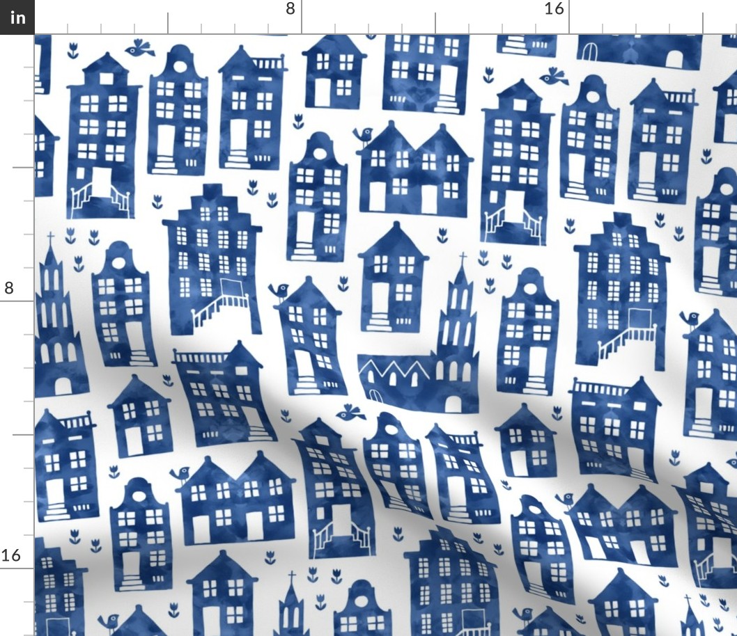 Houses in Royal Delft blue watercolors