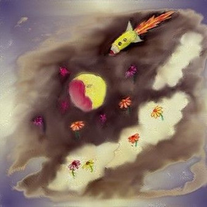 Moon rocket and flower clouds