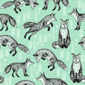 woodland fox fabric // mint  baby nursery fabric 