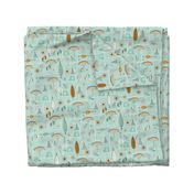 Mid-Century Hawaiian Village Seamless Repeating Pattern on Blue