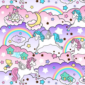 16 Pegasus winged unicorns pegacorns stars rainbows clouds trees ponds lakes teddy bears shooting cats fairy kei lolita sky skies pony ponies horses  kawaii japanese inspired moon castles  colorful 