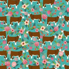 hereford floral fabric // cow cattle cow fabric floral design - turquoise