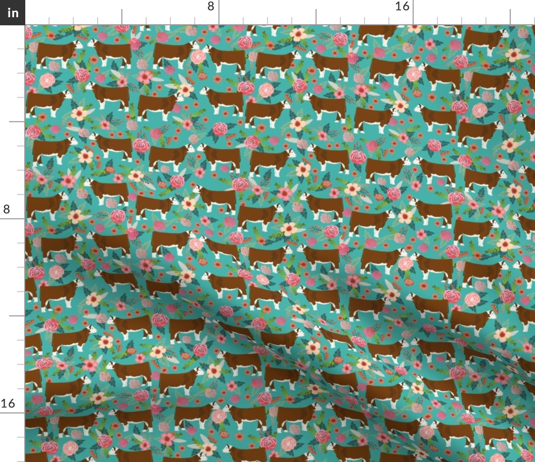 hereford floral fabric // cow cattle cow fabric floral design - turquoise