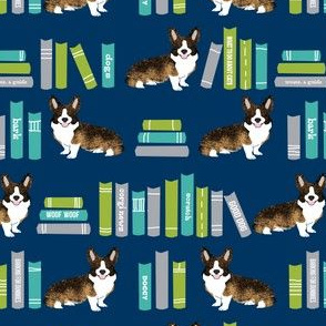 corgi library dog fabric brindle corgi design cute dogs - navy