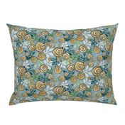 Yellow Rose Floral in Blue, Green