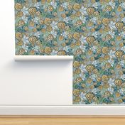 Yellow Rose Floral in Blue, Green