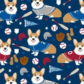 corgi baseball fabric usa america summertime fabric red white and blue - navy